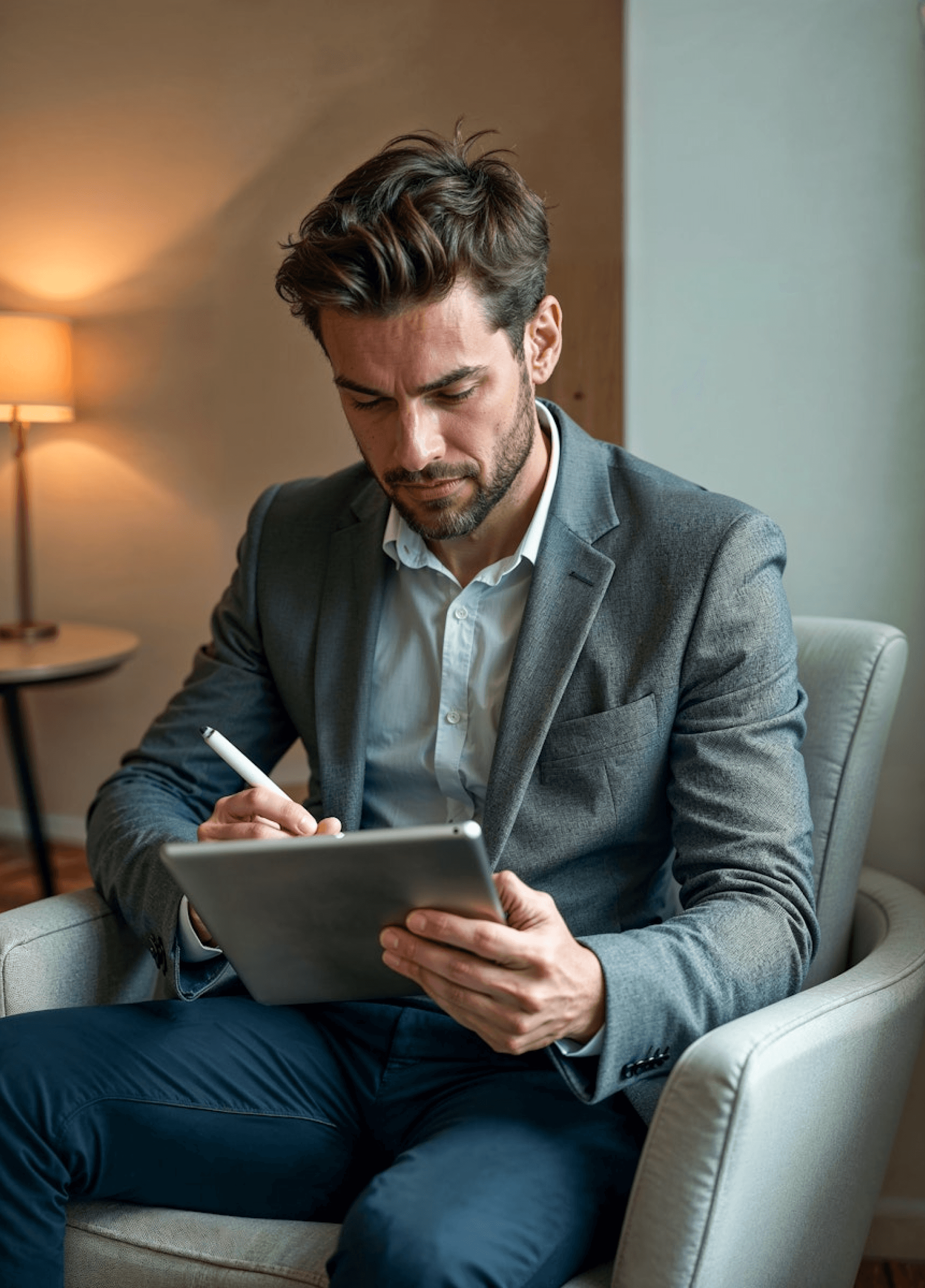 Consultor a rever documentos financeiros num tablet