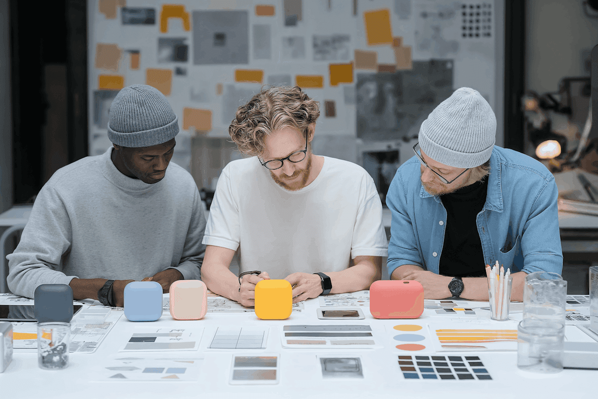 Equipa a rever materiais numa mesa de trabalho